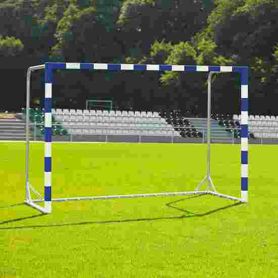 Handballtor mit beklebtem Torrahmen Mit anklappbaren Netzbügeln, Blau-Weiß