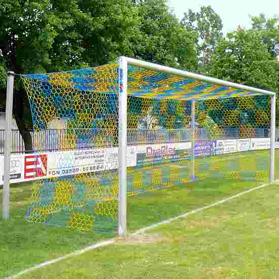 Sport-Thieme Großfeld-Fußballtor in Bodenhülsen stehend, mit freier Netzaufhängung, Alu Mattsilber eloxiert , Netzhalter