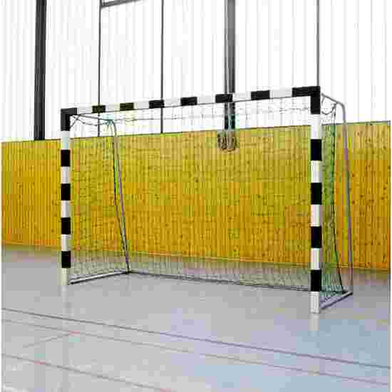 Sport-Thieme Handballtor in Bodenhülsen stehend mit anklappbaren Netzbügeln, 3x2 m Verschraubte Eckverbindungen, Schwarz-Silber
