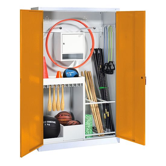 Sportgeräteschrank, HxBxT 195x120x50 cm, mit Vollblech-Flügeltüren (Typ 1) Gelborange (RAL 2000), Lichtgrau (RAL 7035)