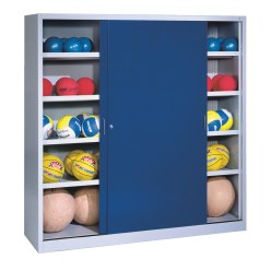 Ballschrank, HxBxT 195x190x60 cm, mit Vollblech-Schiebetüren (Typ 4) Enzianblau (RAL 5010), Lichtgrau (RAL 7035)