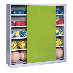 Ballschrank, HxBxT 195x190x60 cm, mit Vollblech-Schiebetüren (Typ 4) Viridingrün (RDS 110 80 60), Lichtgrau (RAL 7035)