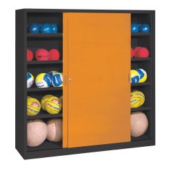 Ballschrank, HxBxT 195x190x60 cm, mit Vollblech-Schiebetüren (Typ 4) Gelborange (RAL 2000), Anthrazit (RAL 7021)